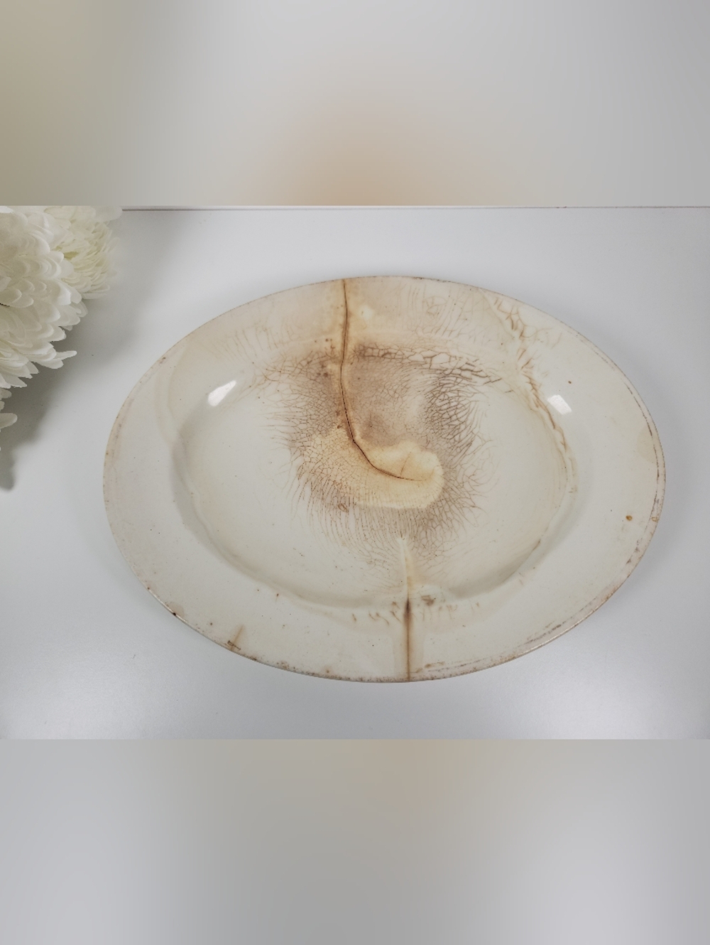 Large Antique Crazed Stained Oval White Ironstone Platter 13.5"- Shabby Chic